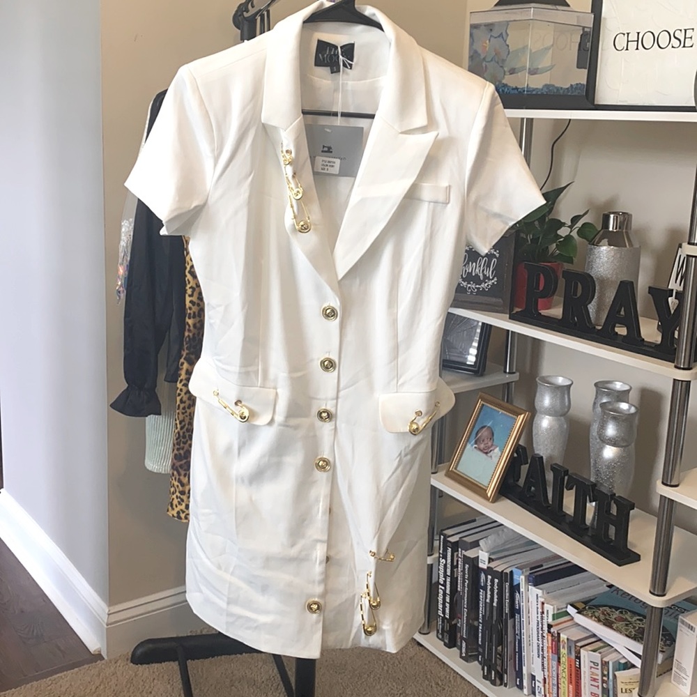 Ivory blazer dress with gold buttons and accents